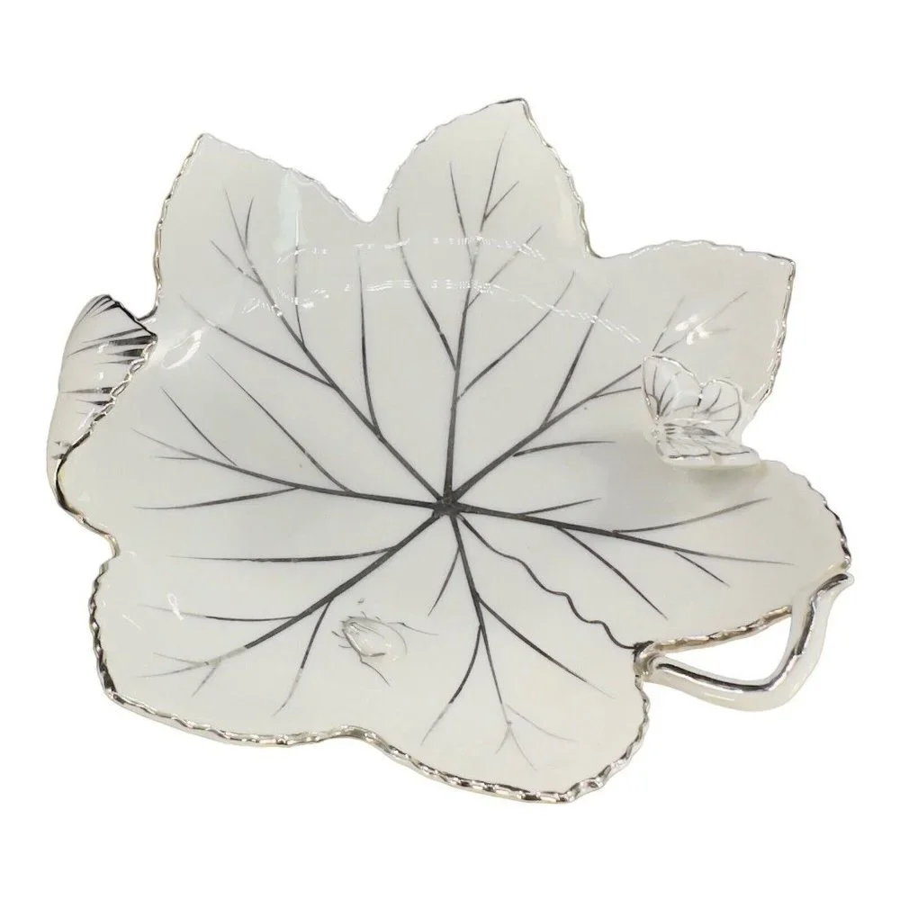 Andrea By Sadek Hand Painted Leaf Dish‎ Bowl Silver Overlay Butterfly And A Bug